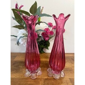 Vintage Cranberry Glass Trumpet Vases Pair‎ Ribbed Ruffle Edge Vases Clear Petal